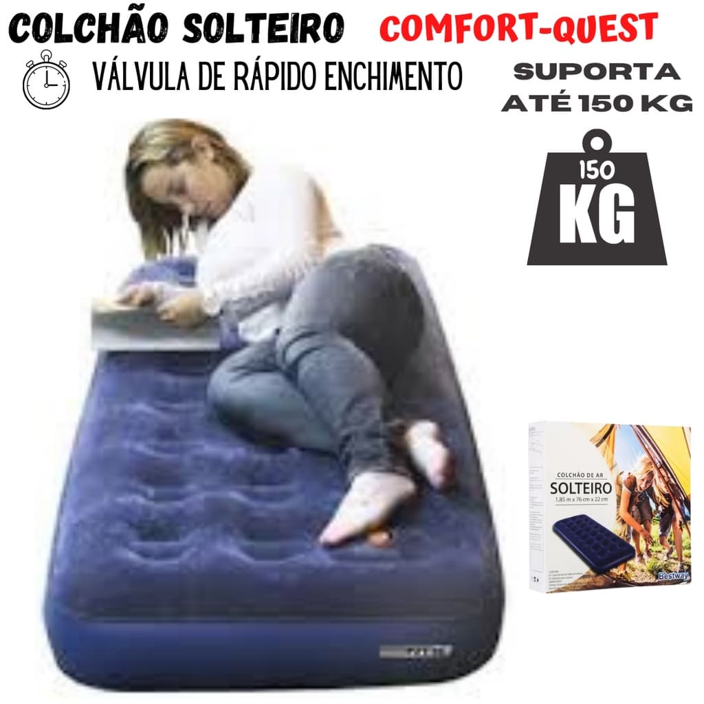 Colchão Solteiro 185x76x22cm Aveludado Comfort-Quest Bestway + BOMBA DE INFLAR