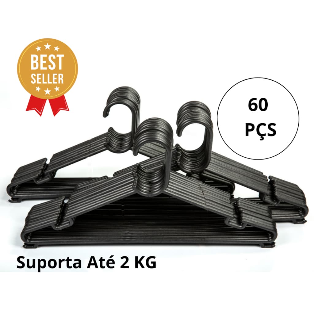 Kit 60 Cabides Redondos Preto Adulto