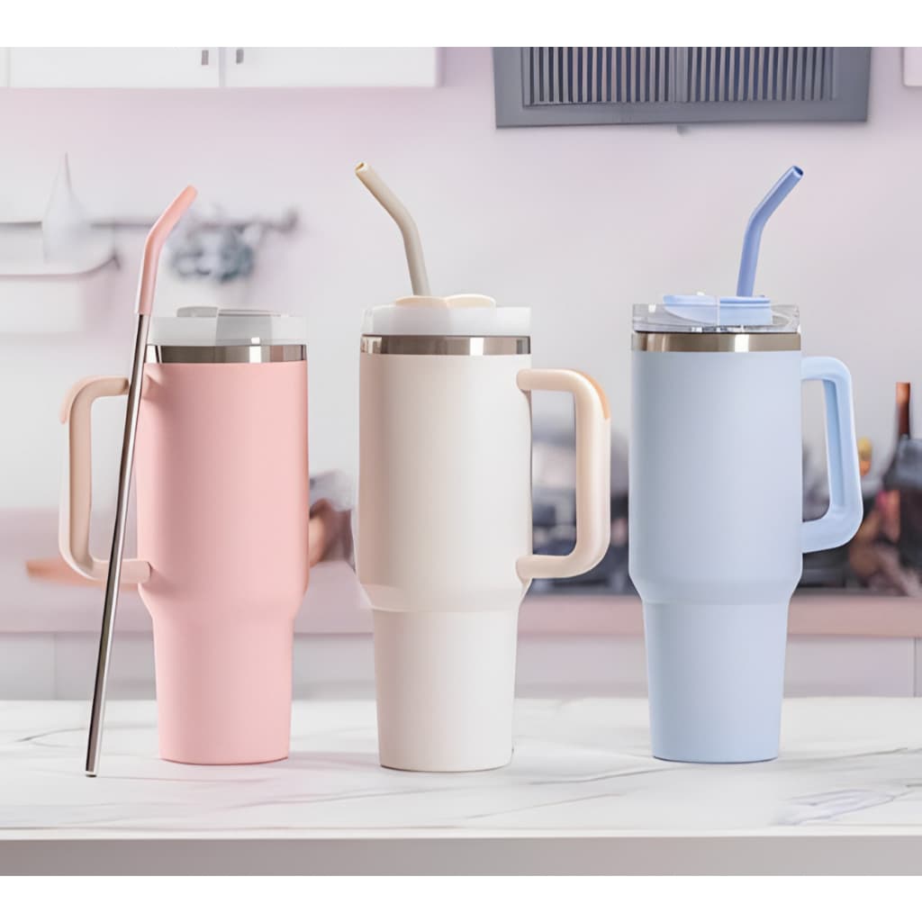 Copo Térmico Grande 1200ML Com Alça Com Canudo Em Metal Garrafa Em Aço Inoxidável