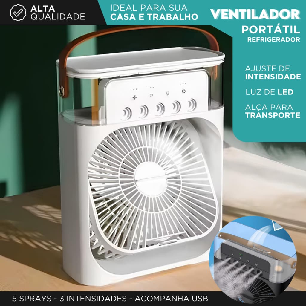 Mini Ar Condicionado USB com LED – Ventilador Portátil Com Alça | Resfria, Umidifica e Ilumina | Mz