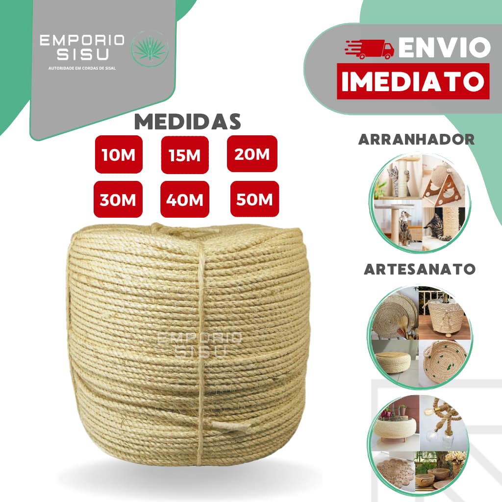 Corda Sisal 5mm Premium Artesanato - Arranhador de Gato de 10 a 100m