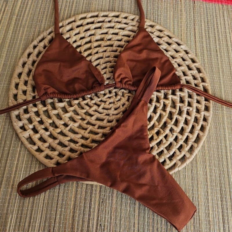 🔥 Biquíni Cortininha + calcinha marquinha de fita bronze Marrom Chocolate | perola | preto ,Tecido Premium 🔥
