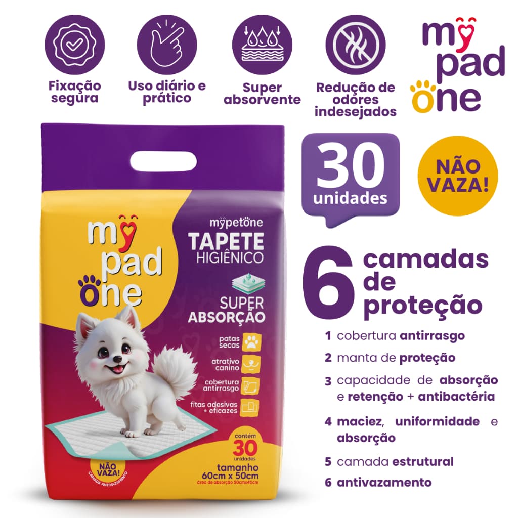 Tapete Higiênico Premium Slim para Caes MyPadOne 60x50 cm Ultra Absorção - 30 Unidades