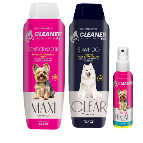 Kit Shampoo para Cachorro Branqueador Clareador + Condicionador 500ml + Perfume 60ml Kit Banho Cachorro Branco UP Clean