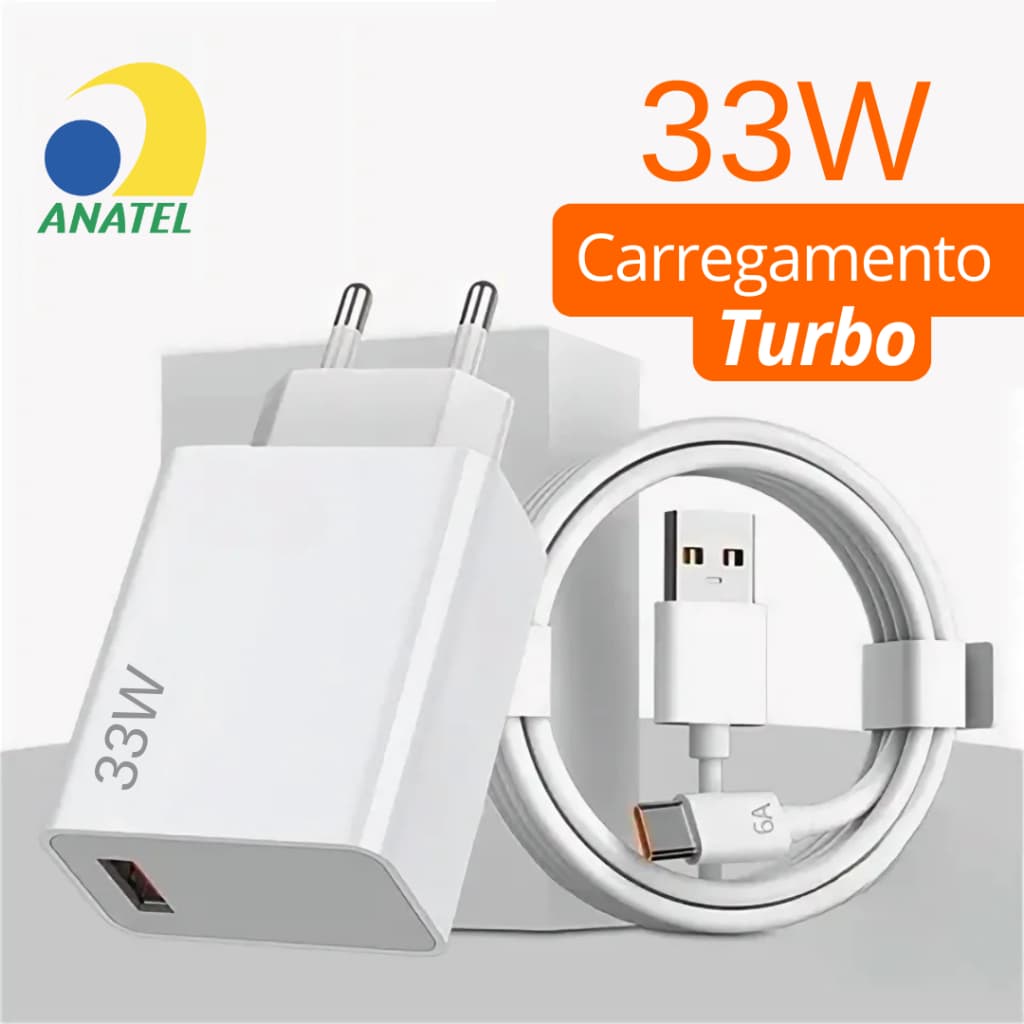 Carregador Completo Turbo Power Para Xiaomi Cabo USB + Cabo Tipo C 33W