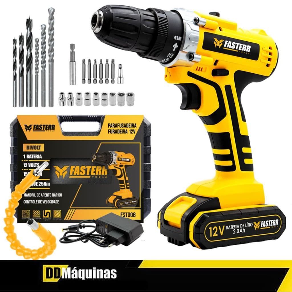 Furadeira e Parafusadeira 12V Completa Com Bateria 24 Acessórios e Maleta FST006 - Fasterr