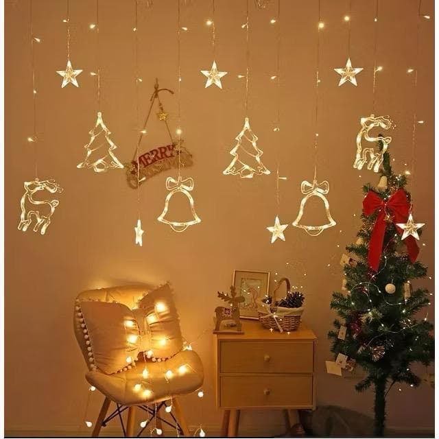 Cascata Led Natal Pisca Pisca Com Estrelas Rena Pinheiro 8 Funções Branco Quente Bivolt