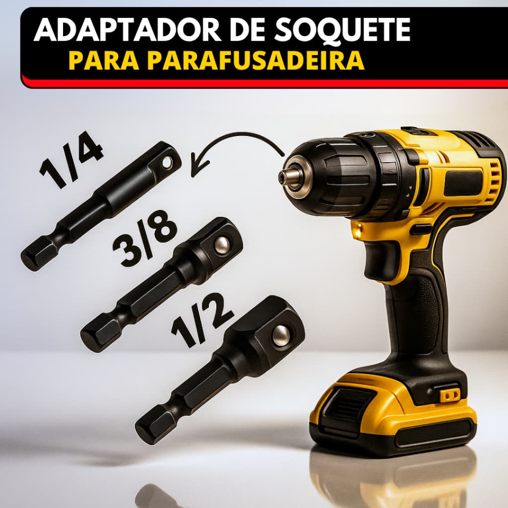 Jogo 3 Peças Adaptador Soquete Para Parafusadeira 1/4" 3/8" 1/2" Aço