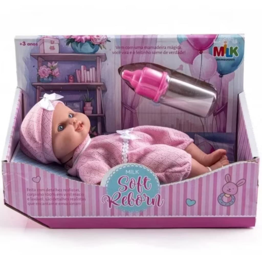 Boneca Reborn Soft Em Vinil Super Macio Com Mamadeira Magica