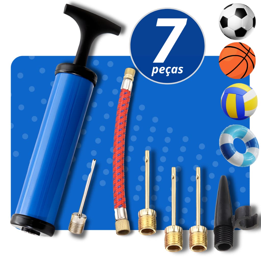 Bomba Ar Manual Para Encher Bolas + 5 Bicos Universal Inflar Futebol Volei Basquete e Infláveis