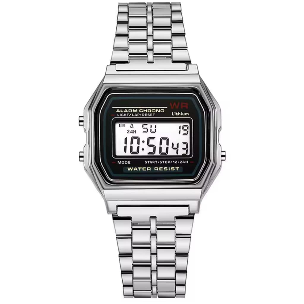 Relógio Retrô Digital Prata LED Unissex Fashion Masculino Feminino Pulseira Inoxidável Alta Qualidade