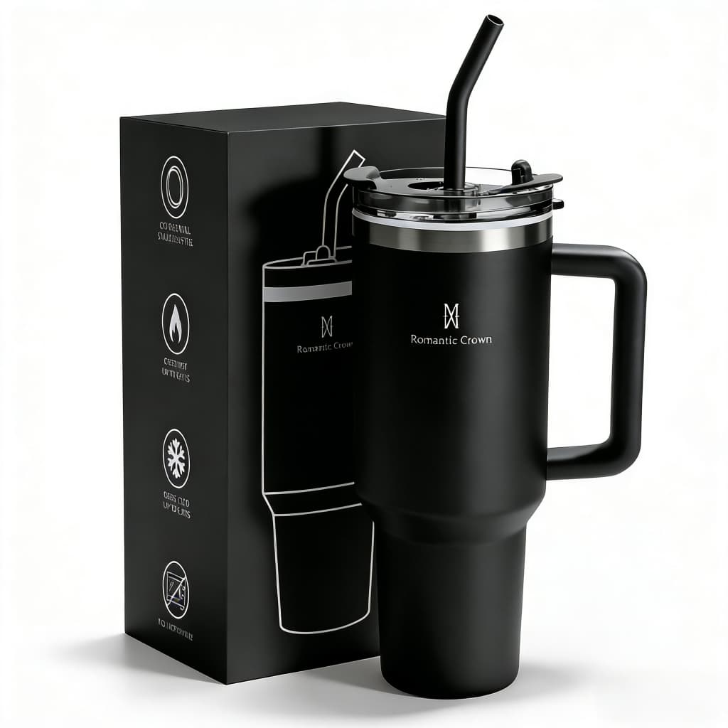 ROMANTIC CROWN Copo Térmico Inox Portátil 1200ml/600ml/1.2L Garrafa Térmica Inoxidável com Tampa e Canudo