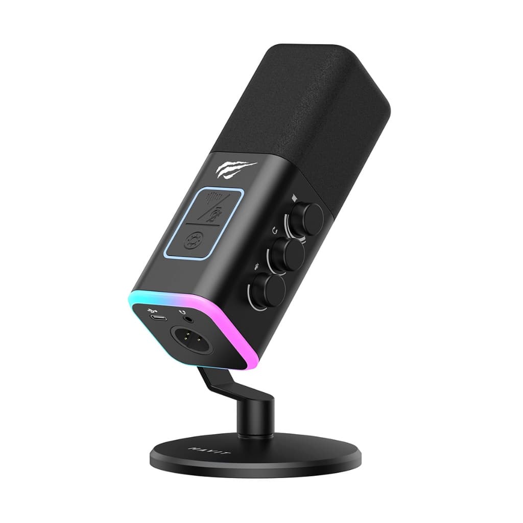 Microfone Gamer Dinâmico Hipercardioide USB XLR Havit GK71 RGB Mute Entrada de Fone Touch Compatível com Braço Preto
