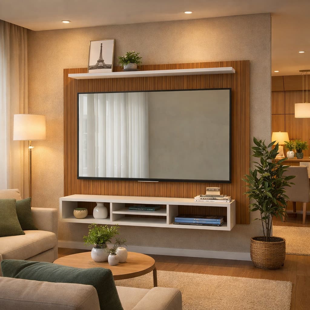 Painel para TV até 60 Polegadas Ripado Para Sala Com Nicho e Prateleira Espaçosa Organização Moderna