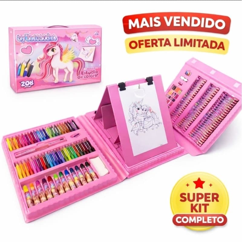 Super Kit Pintura Unicórnio 208 Peças Maleta Artística Infantil Lápis Canetinha Giz de Cera