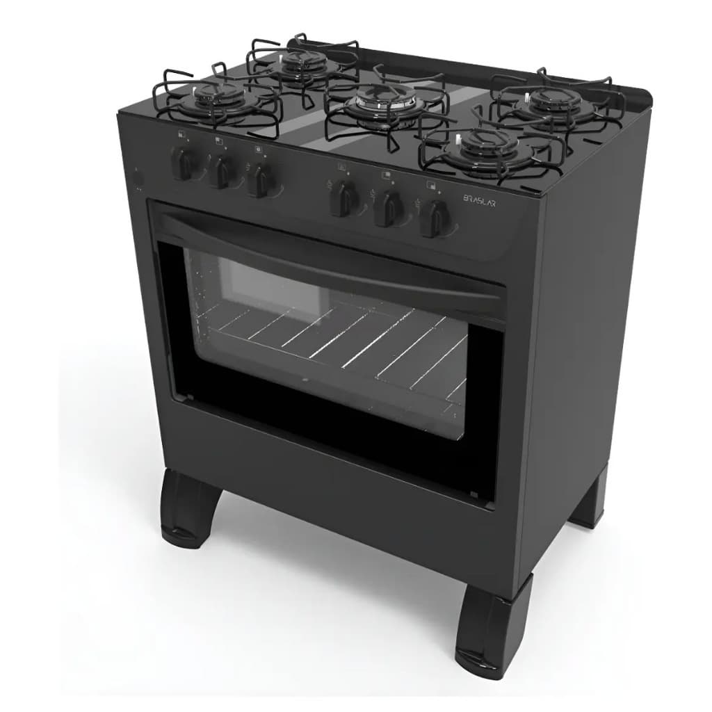 Fogão De Piso com Forno Automático Braslar Bocas Carina Preto Mesa vidro