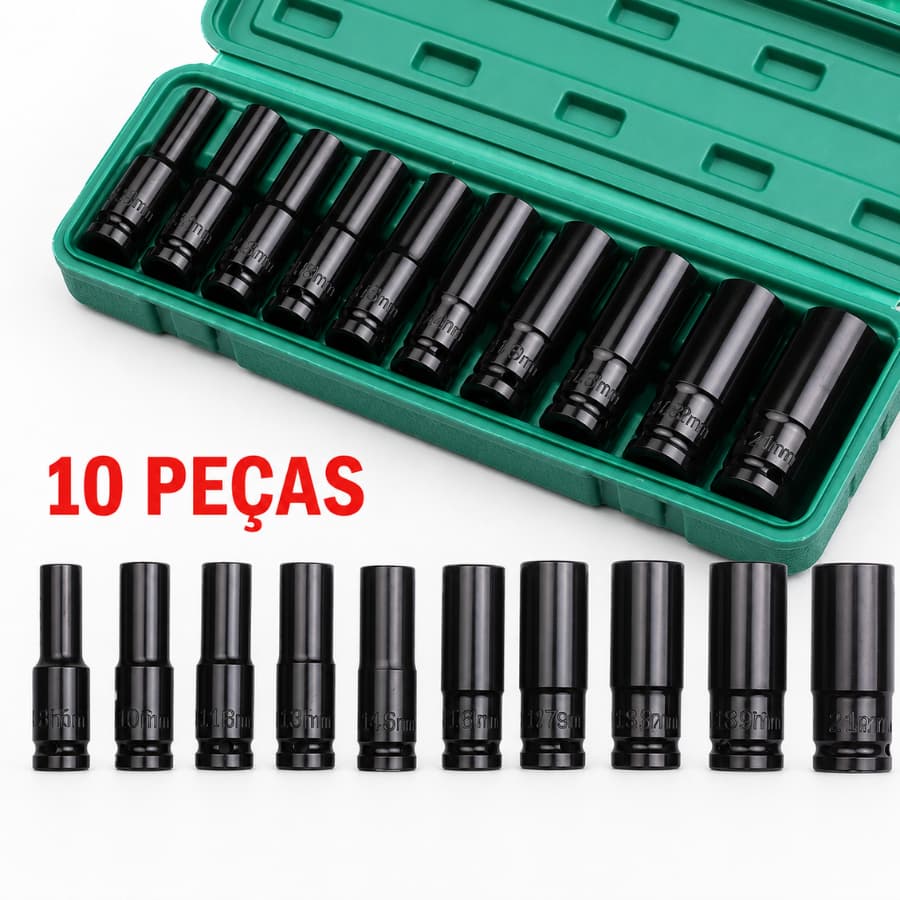 Jogo de Soquetes de Impacto Longo 1/2 10 Peças 8 A 24mm