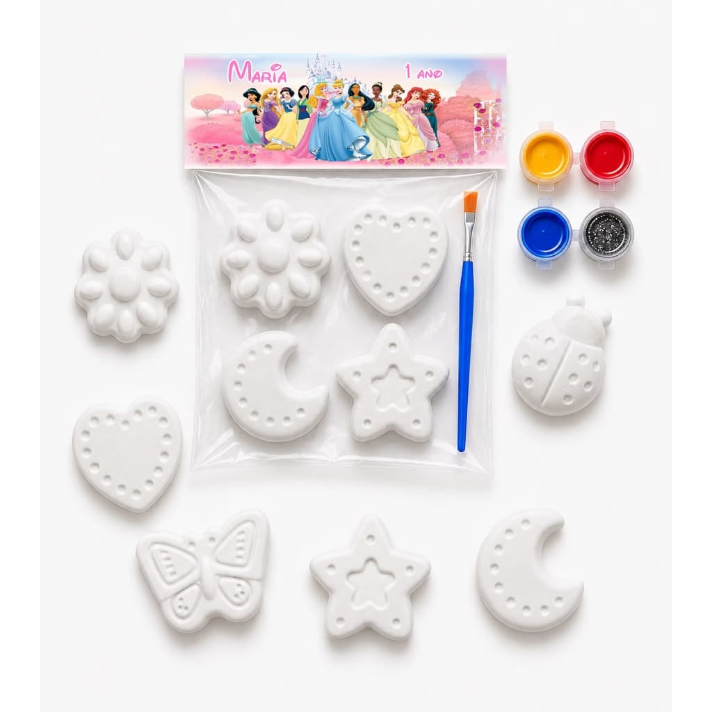 kits de Gesso para Pintura Infantil c/ Tag Personalizada Tema Princesas lembrancinha festa infantil atividade