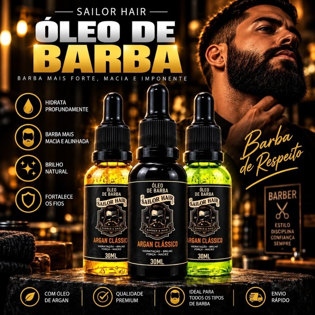 Óleo para Barba Argan Clássico 30ml Hidratação Brilho Maciez Sailor Hair