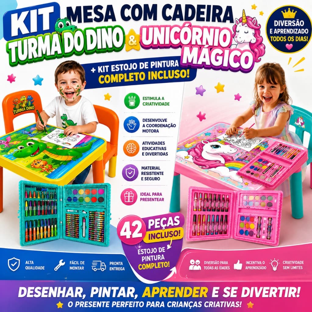 Mesa Infantil para Estudos c/Cadeira DINO OU UNICÓRNIO + Kit Pintura INCLUSO | Atividades Escolares