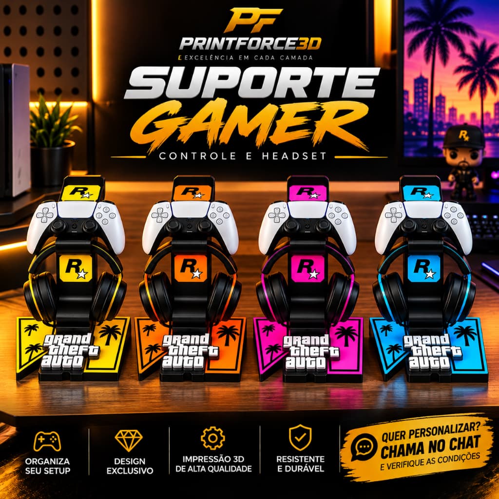Suporte Gamer 3 em 1 para 2 Controles + Headset PS5 Xbox | Decoração GTA