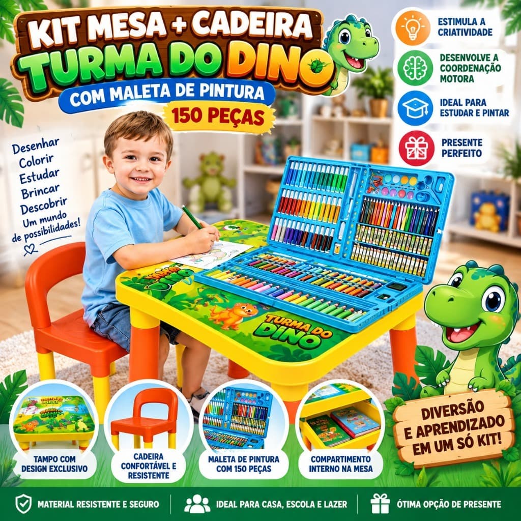 Kit Mesa Infantil Com Cadeira Dino + Maleta Pintura 150 Peças Educativo Completo Criança educativo