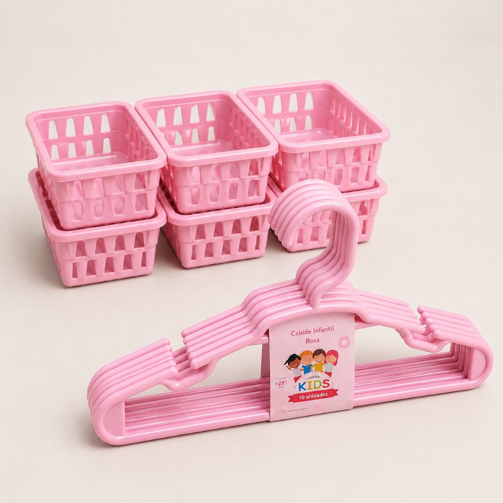 Kit organizador 10 cabides infantil e 6 cestos organizador branco rosa azul