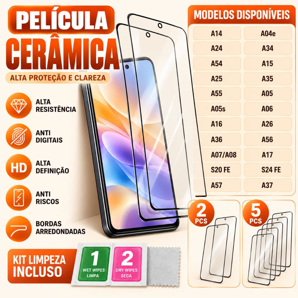 Película 3D Vidro Temperado Galaxy A05 A06 A07 A14 A15 A16 A17 A25 A35 A55 Série A Proteção Antirrisco Kit 2 ou 5 Unidad