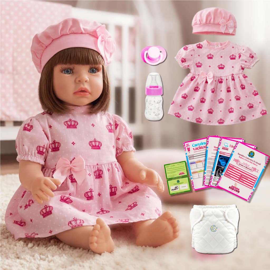 Boneca Bebê Reborn Vestido Coroa Rosa Realista Em Silicone Menina Original Pode dar Banho