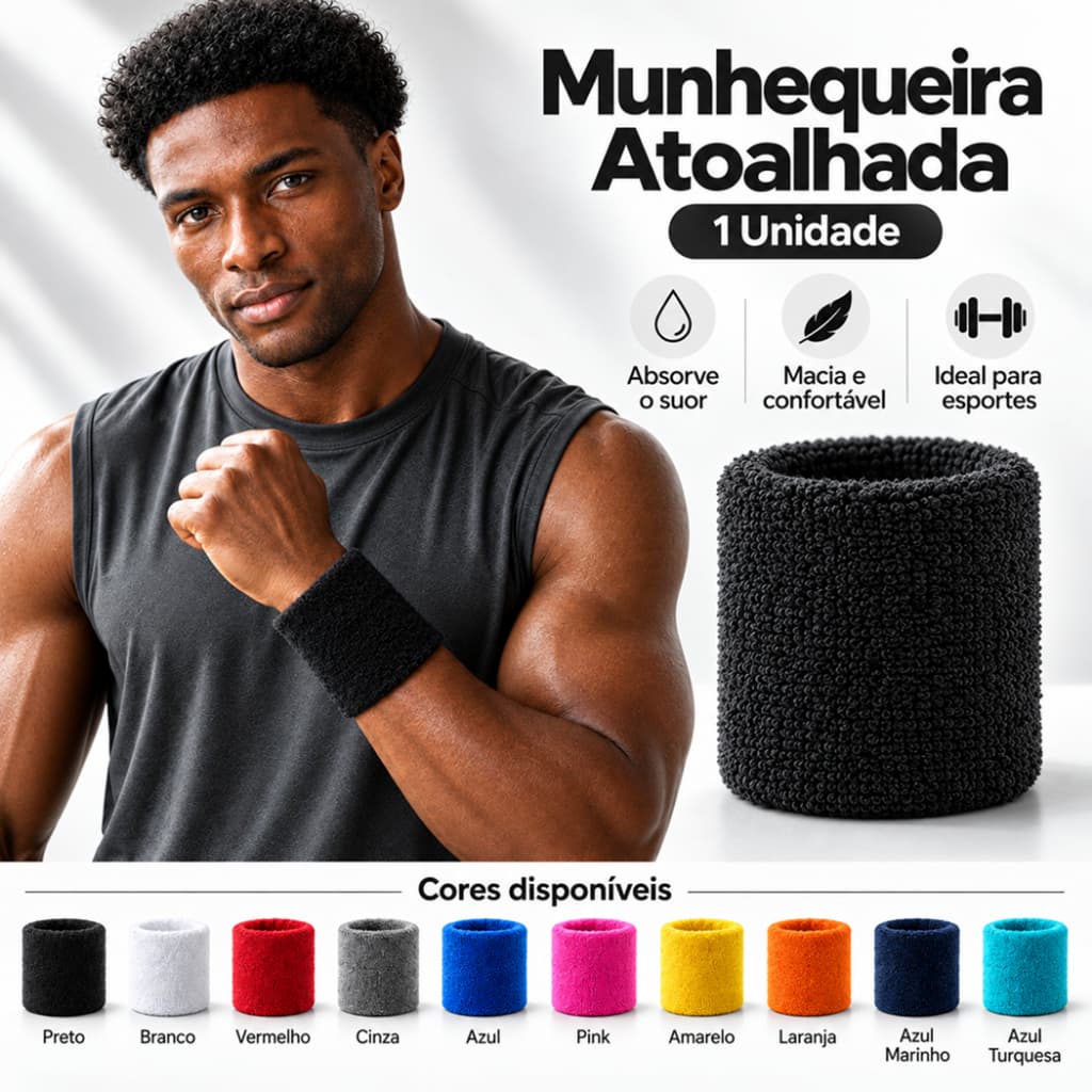 01x Munhequeira Toalha Pulso Cores Algodão Unissex Masculino Feminino Tênis Academia