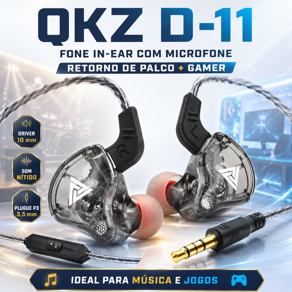 Fone Ouvido In-Ear P3 QKZ Com Microfone Retorno Palco Celular Gamer Ps4 Ps5 Xbox Séries S X Cancelamento de Ruído Passiv