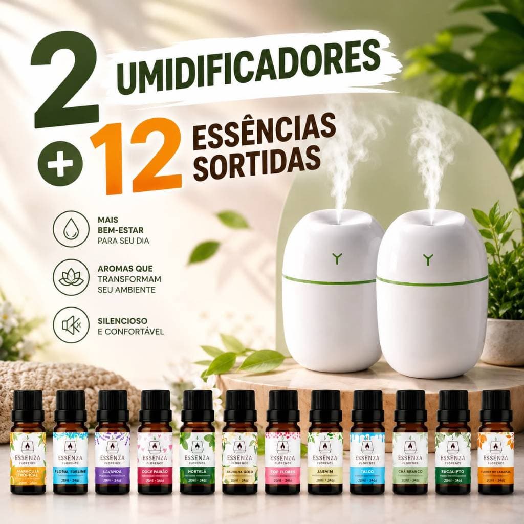 Kit Essências 20ml + Umidificador | Aromas Para Casa | Perfume Ambiente
