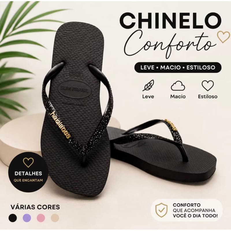 Chinelo Feminino com detalhe Glitter Leve Confortável Para o Dia a Dia Delicado