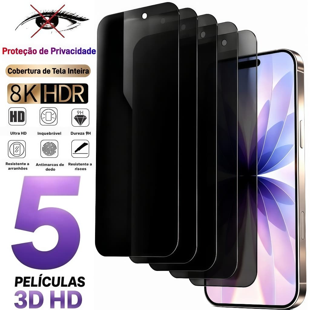 Privacidade 3D 9H Anti Espião HD para iPhone 16/15/14/13/12/11/XR/XS/X/17 Pro Max / Pro