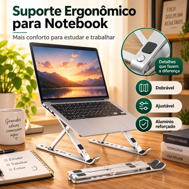 Suporte para Notebook Universal Alumínio Ajustável Dobrável Ergonômico Portátil para Laptop
