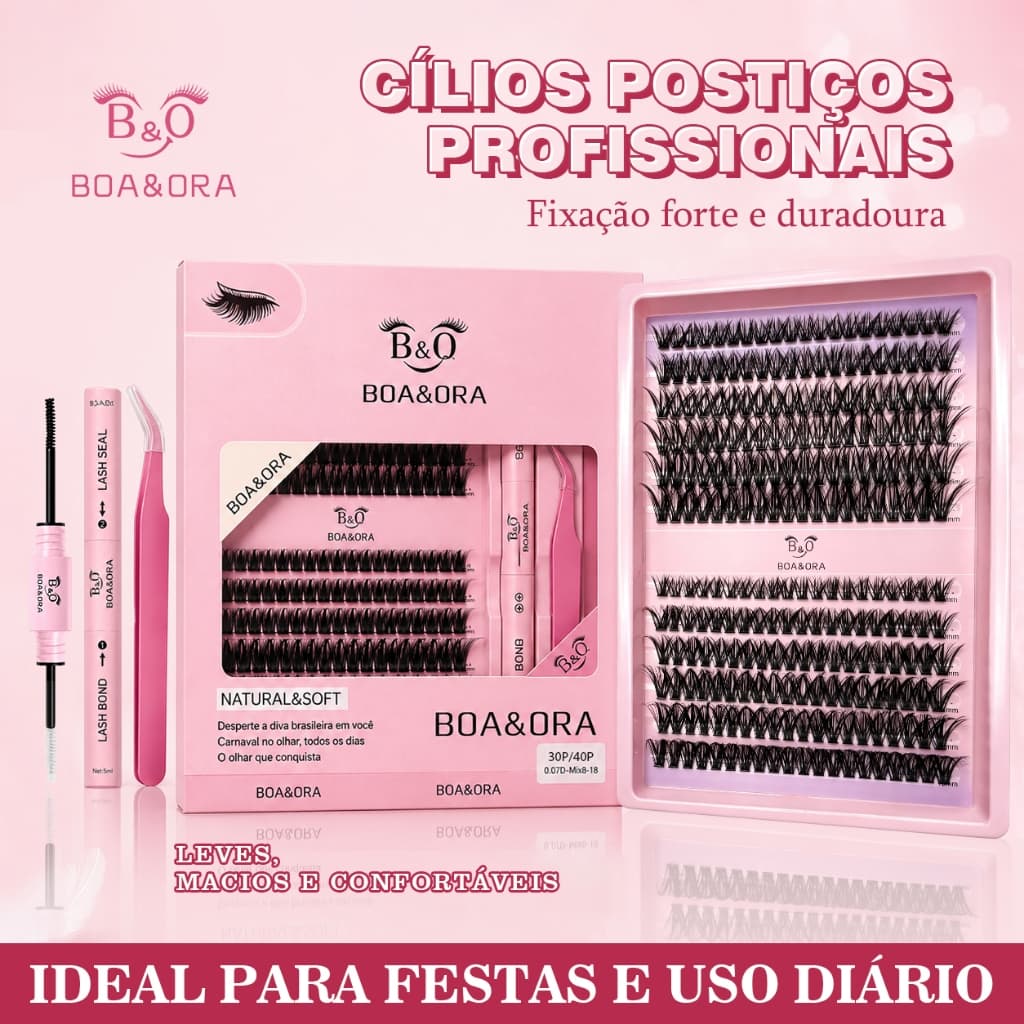BOAORA Kit Cílios Postiços em Tufos DIY 240/480 MIX 9-16mm Volume Russo Wispy Manga com Cola e Pinça