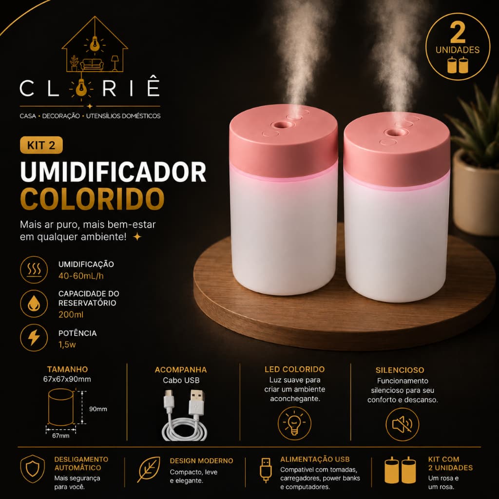 Kit 2 Mini Umidificador Difusor De Aroma Abajur LED RGB Escritório Luminária Mesa Luz Noturna
