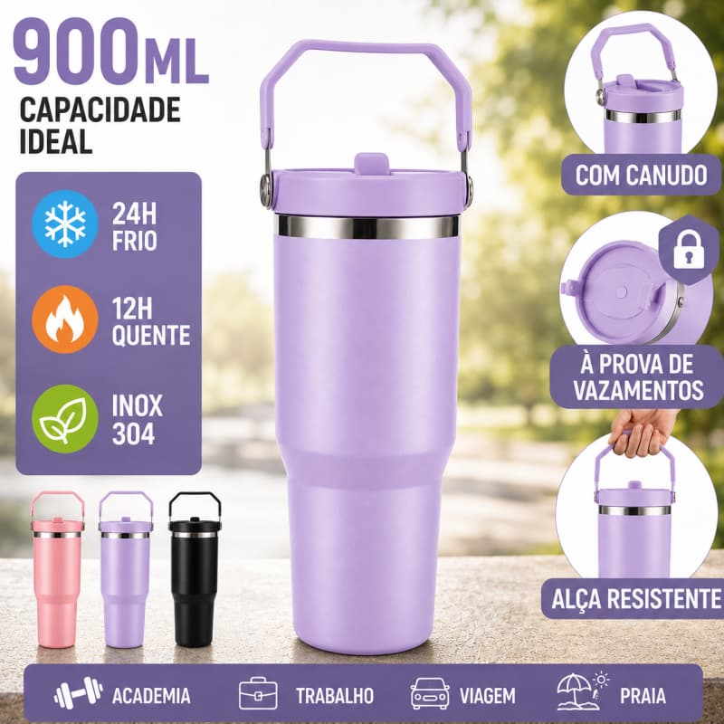 Garrafa Térmica Inox 900ml com Alça, Tampa Antivazamento, para Academia, Trabalho, Viagem e Bebidas Quentes e Frias