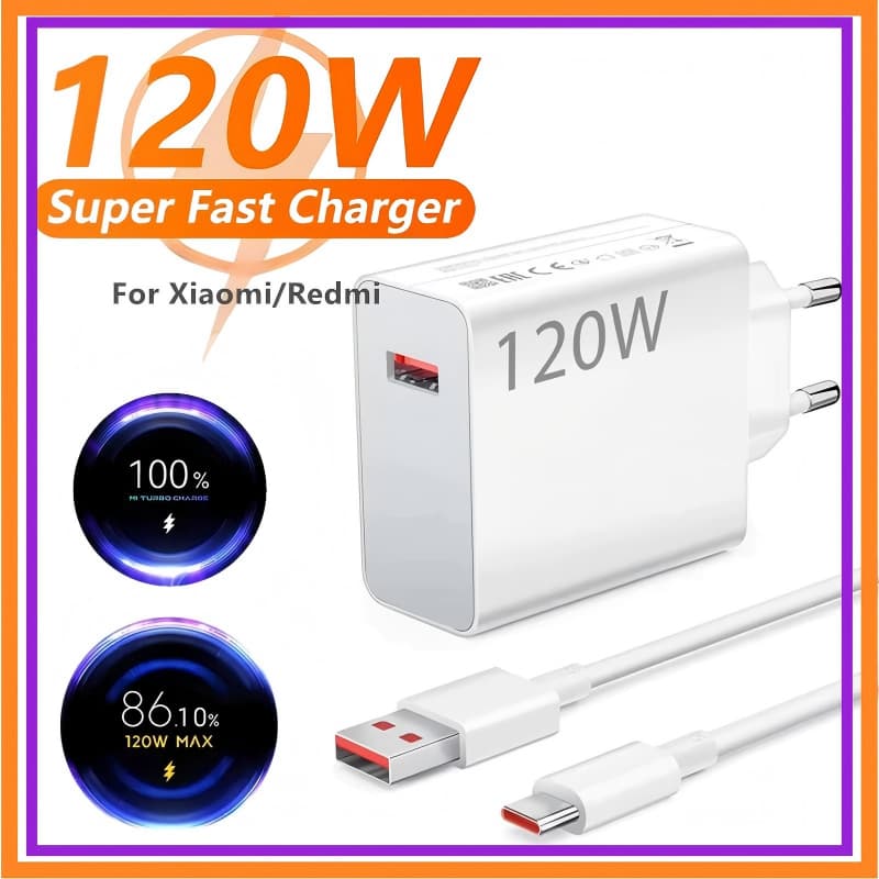 Carregador 120W Completo Turbo Cabo USB + TIPO C Xiaomi