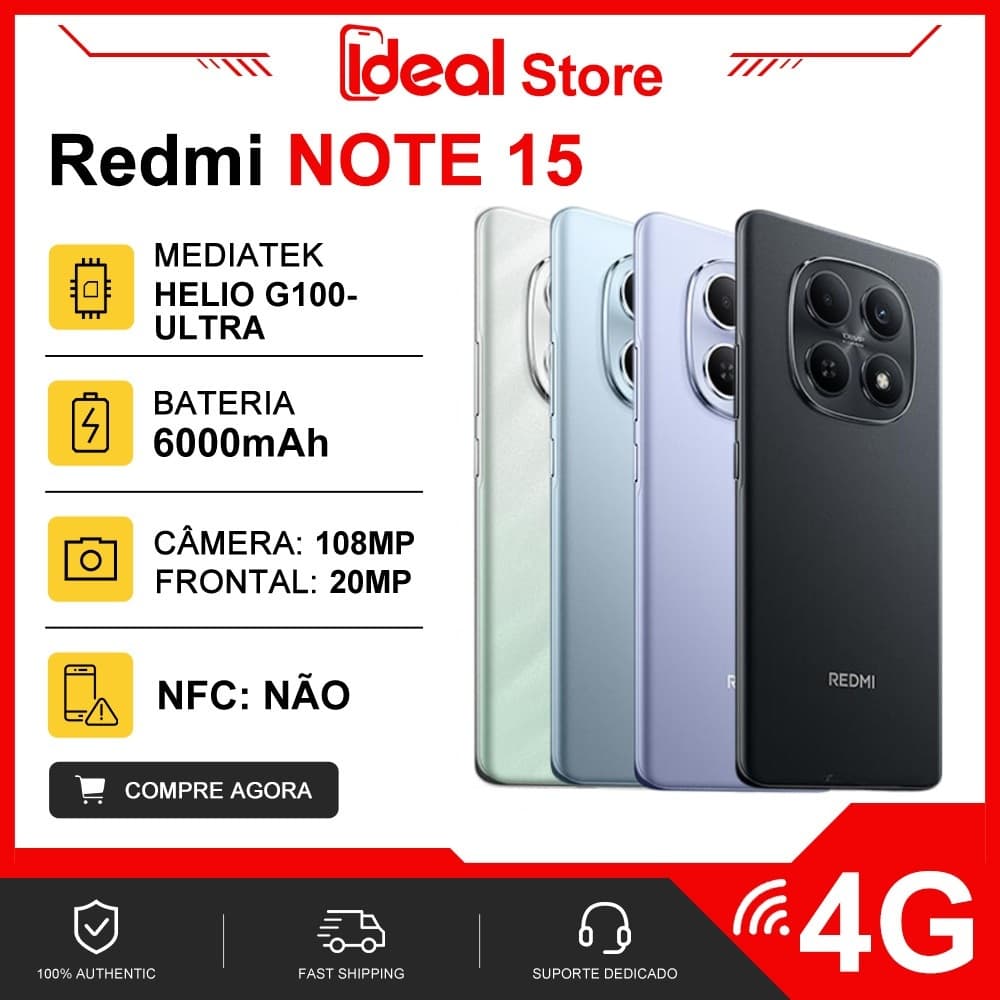 Xiaomi Redmi Note 15 4G, Câmera 108 MP, Bateria 6000mAh