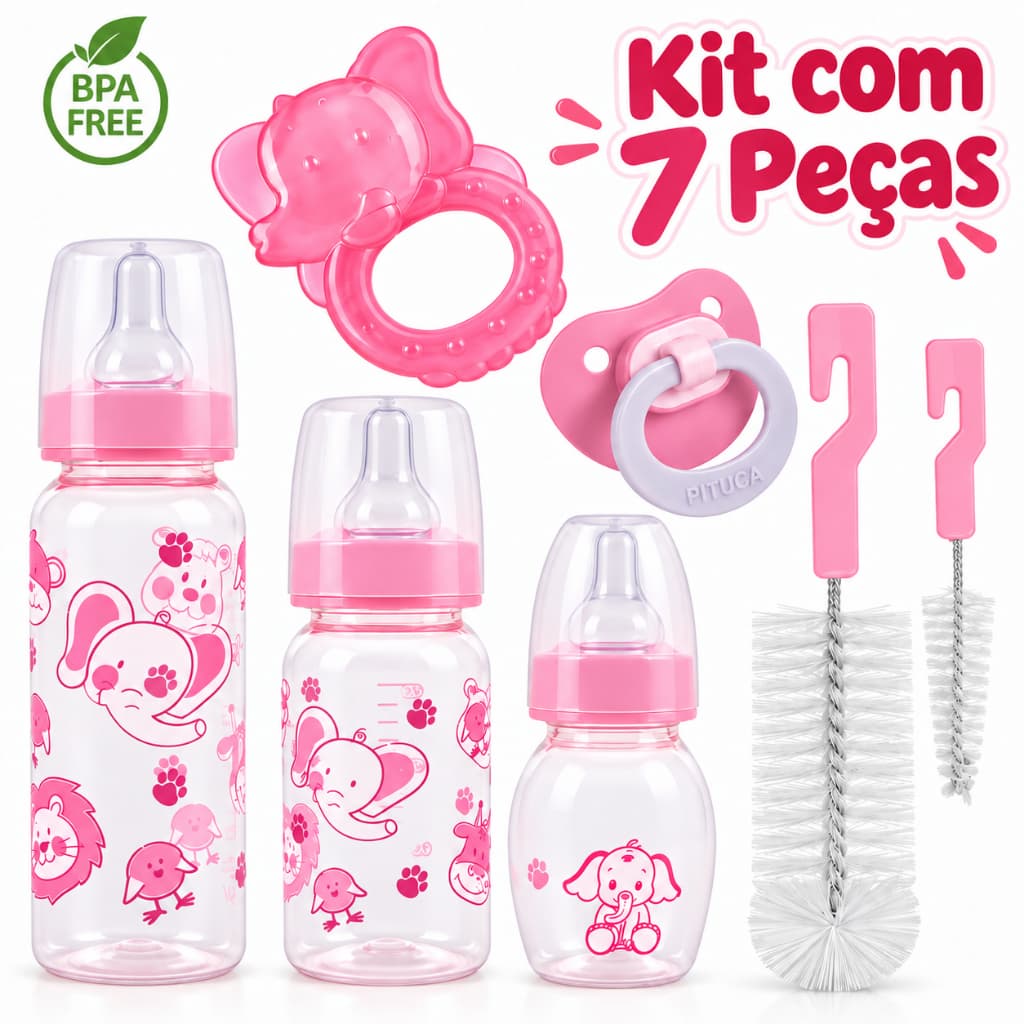 Kit 7 Peças 3 Mamadeiras + Mordedor + Chupeta + 2 Escovas Para Lavar Mamadeiras Para Bebê