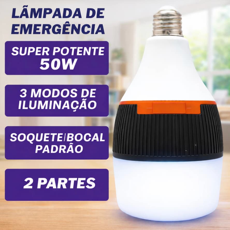 Lâmpada de Emergência LED 50W/30W Bivolt – Dura 6h sem Energia, Portátil, Recarregável