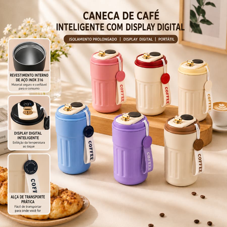 Copo Térmico Cafe Inox Portátil com tampa ,450ml Com LED Temperatura Antivazamento—