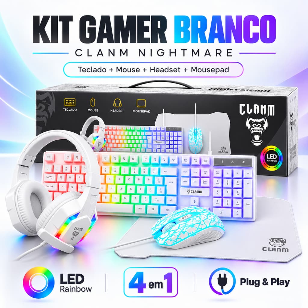 Kit Gamer Branco Clanm Nightmare Snow Fone Teclado Mouse Mousepad Led Rainbow
