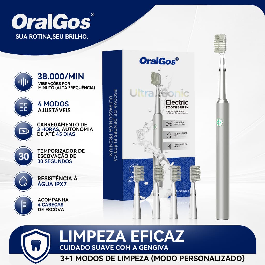 OralGos Escova Elétrica Sonic - 3 Modos + Timer Inteligente, 45 Dias de Bateria