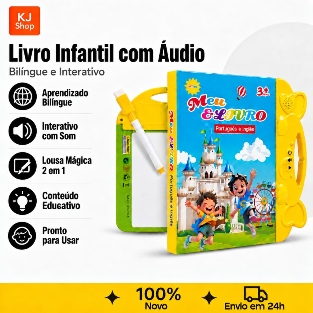 Livro Educativo Bilíngue Interativo Com Som e Lousa Mágica 2 em 1 Brinquedo Infantil