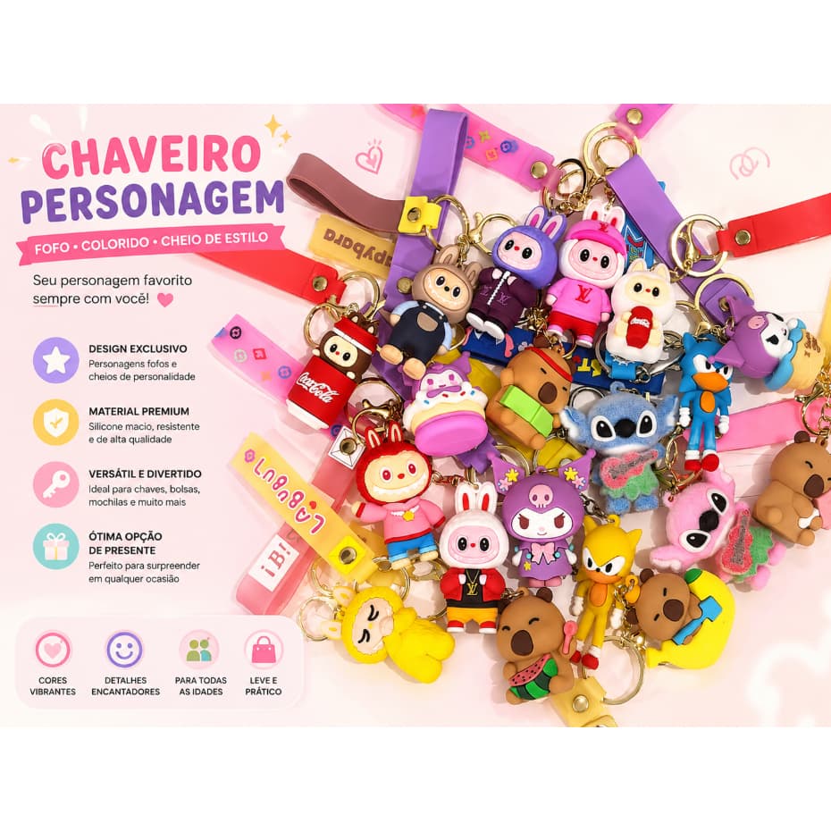 kit 3 Chaveiro Animado - Chaveiro Silicone - Chaveiro 3D