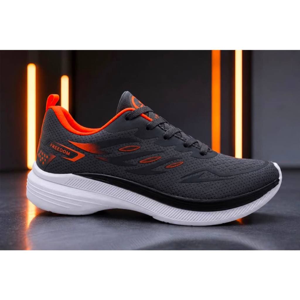 Tenis Masculino Escolar Academia Corrida Original FREEDOM Corrida Caminhada EXCLUSIVO CINZA GRAVITE e LARANJA