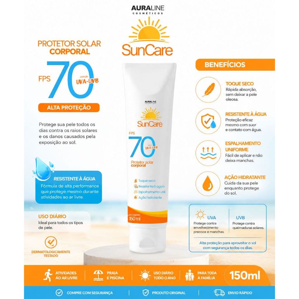 Protetor Solar Corporal FPS 70 150ml Toque Seco Resistente à Água Proteção UVA e UVB