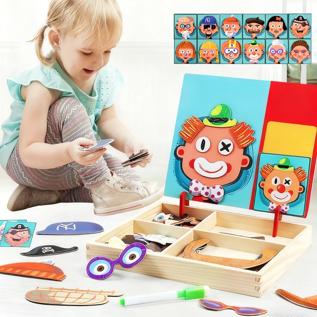 Brinquedo Lousa Magnética 3 em 1 Infantil Quebra Cabeça Magnético de Feições Madeira Educativo Pedagógico com Canetinha